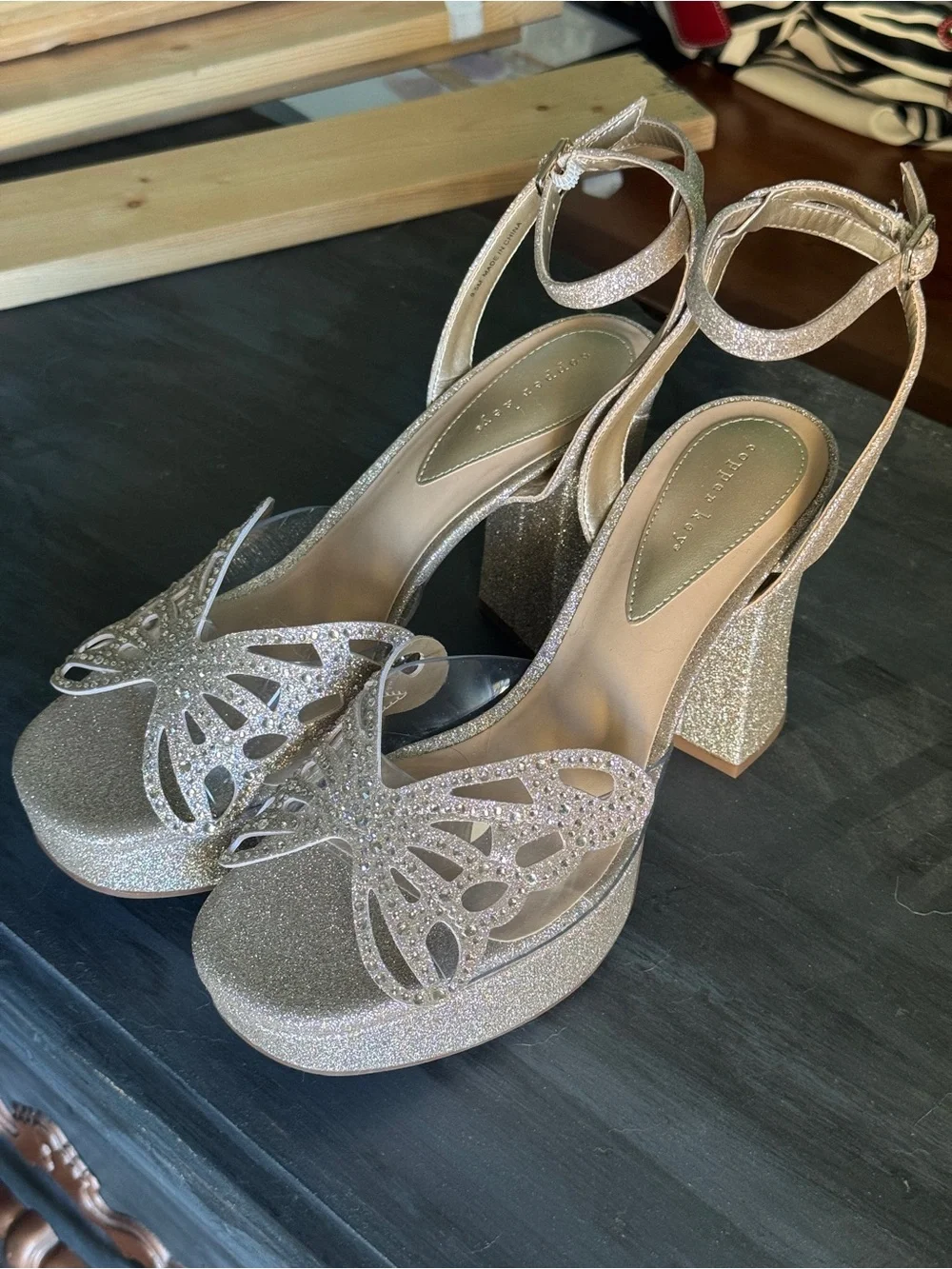 Marigold Rhinestonr Embellished Butterfly Glitter Platform Heel Sandals